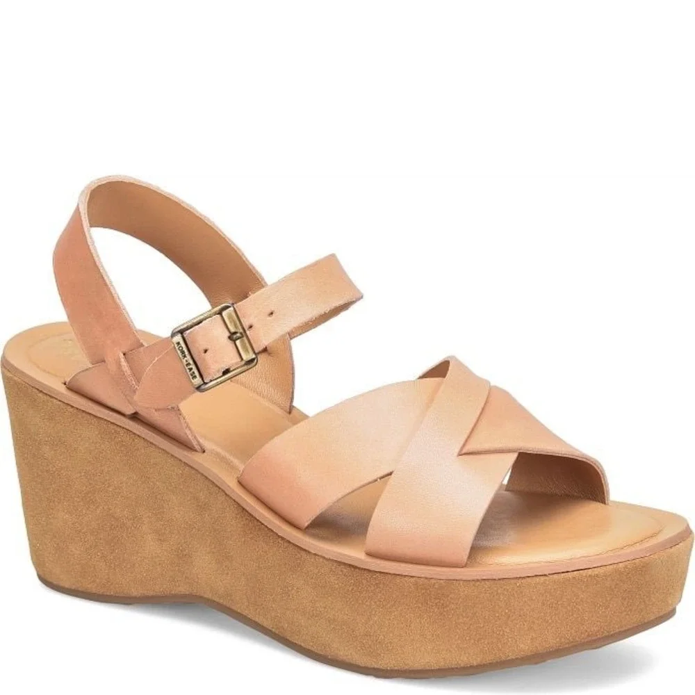 Kork-Ease Ava Classic Natural Vachetta Leather Wedge Heeled Sandal Tan Size 10